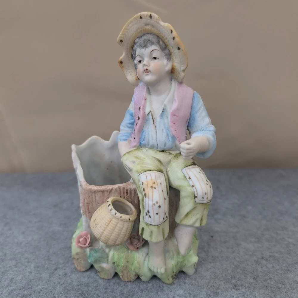 Vintage Boy Sitting on‎ Tree Stump Figurine Planter Vase Porcelain Floral Japan